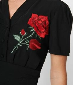 SHEEN Clothing Ltd 1950s Black & Red Rose Reema Swing Dress