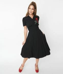 SHEEN Clothing Ltd 1950s Black & Red Rose Reema Swing Dress