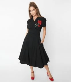 SHEEN Clothing Ltd 1950s Black & Red Rose Reema Swing Dress