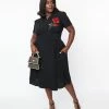 SHEEN Clothing Ltd Plus Size 1950s Black & Red Rose Reema Swing Dress