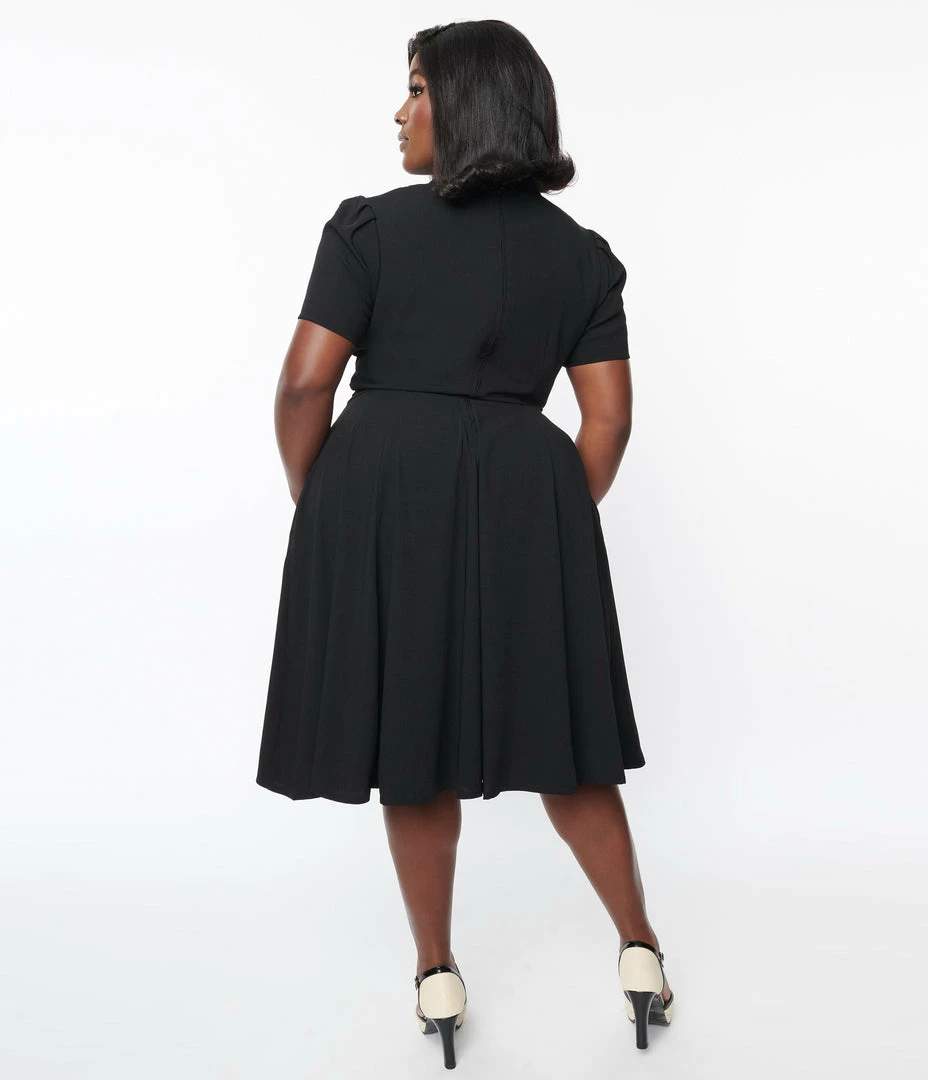 SHEEN Clothing Ltd Plus Size 1950s Black & Red Rose Reema Swing Dress