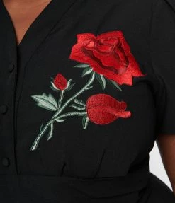 SHEEN Clothing Ltd Plus Size 1950s Black & Red Rose Reema Swing Dress