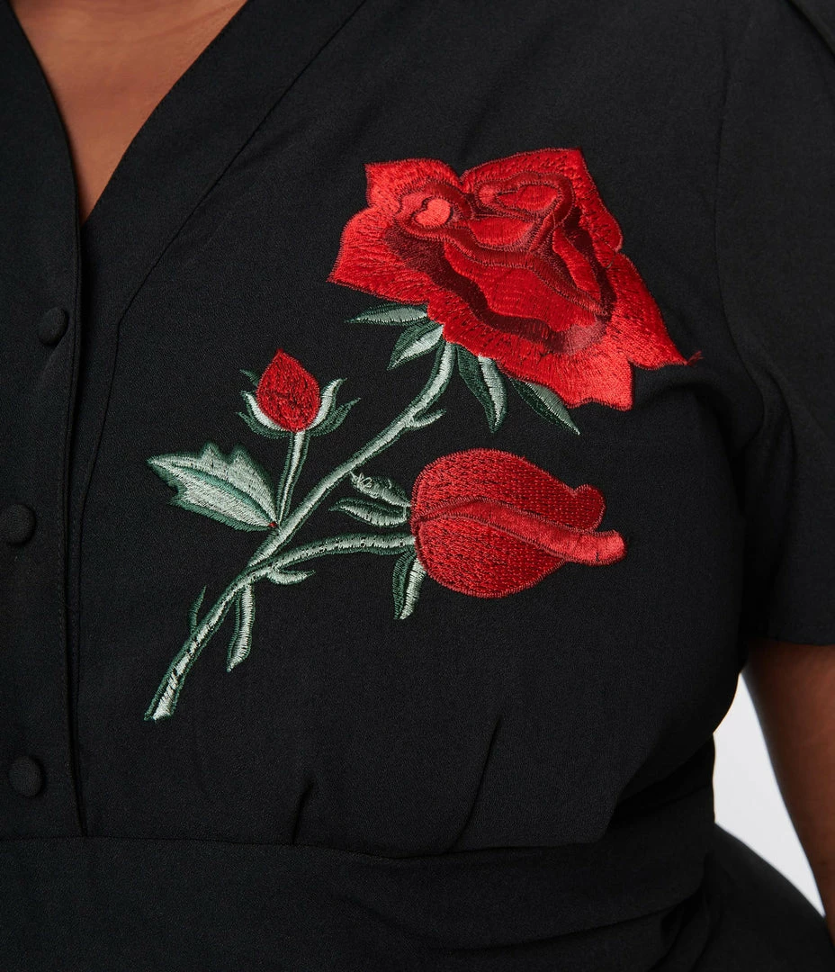 SHEEN Clothing Ltd Plus Size 1950s Black & Red Rose Reema Swing Dress