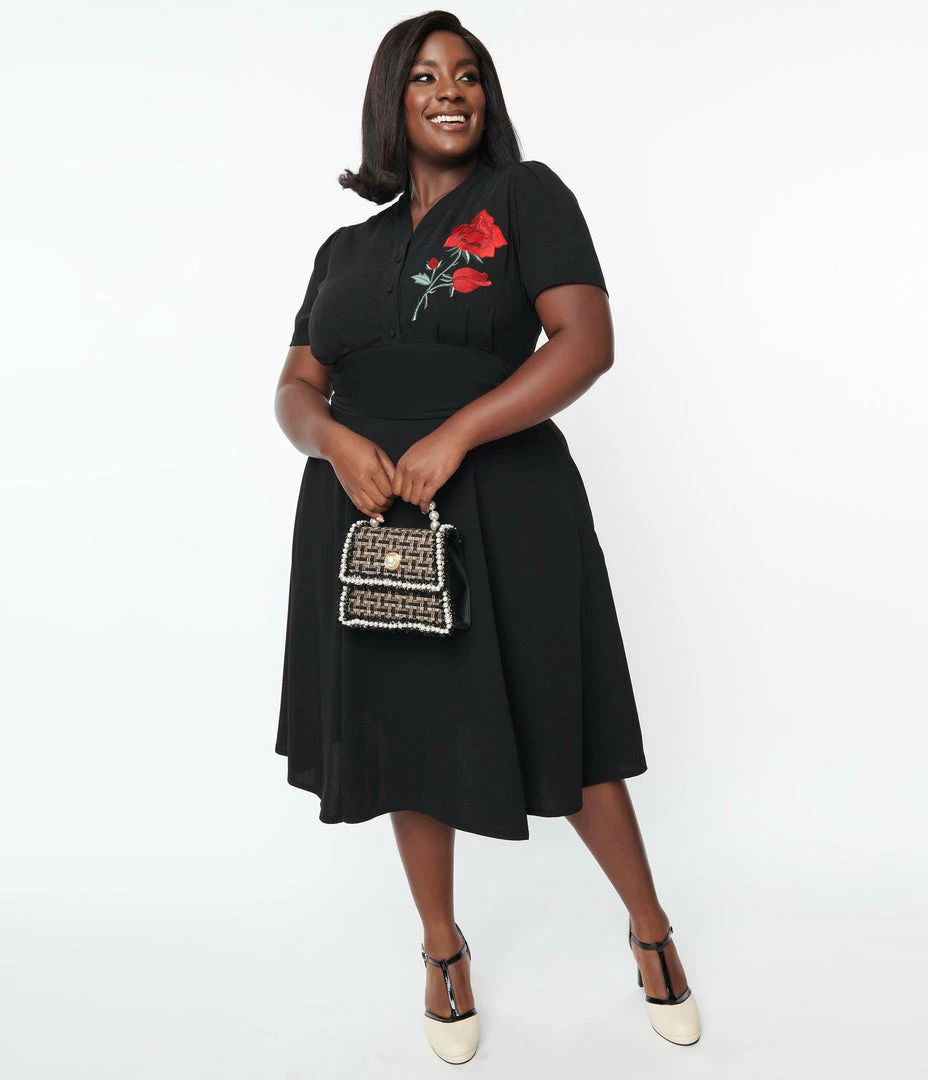 SHEEN Clothing Ltd Plus Size 1950s Black & Red Rose Reema Swing Dress