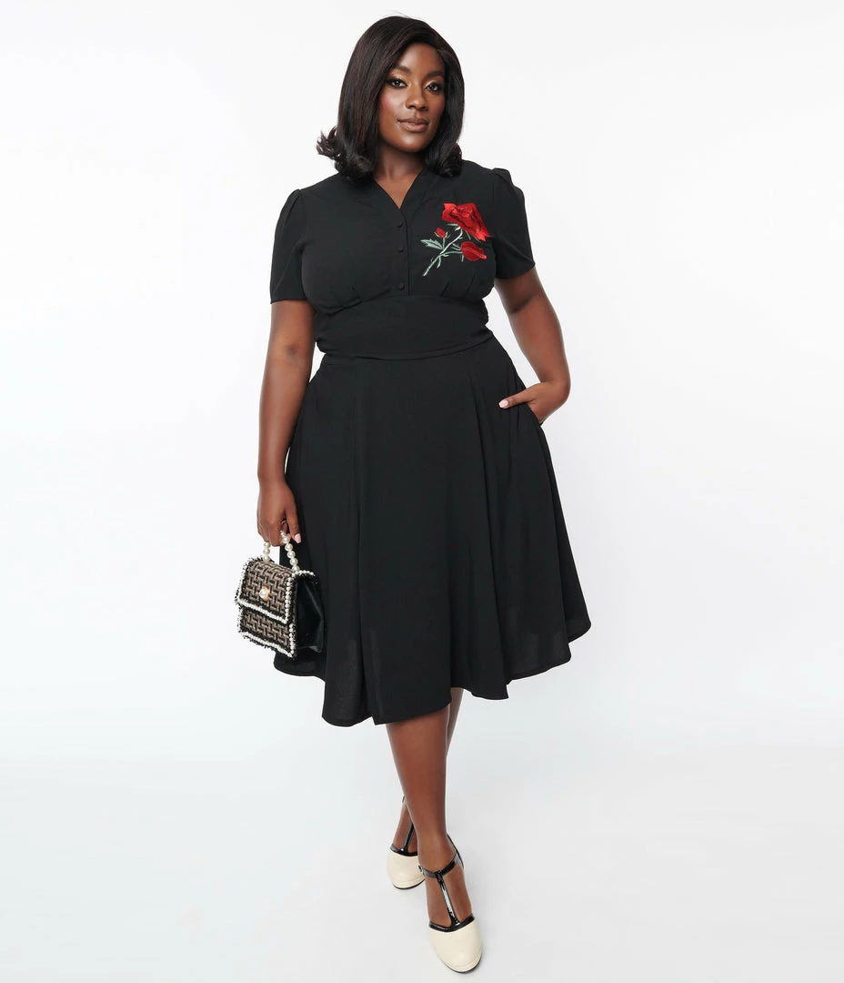 SHEEN Clothing Ltd Plus Size 1950s Black & Red Rose Reema Swing Dress