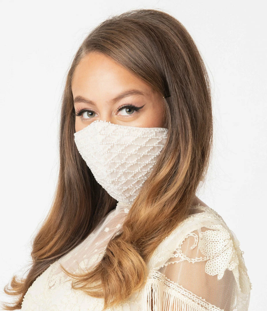 Cinderella Divine Moto White Beaded & Lace Face Mask