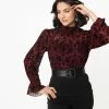Unique Vintage Burgundy & Black La Catrina Velvet Burnout Donna Blouse