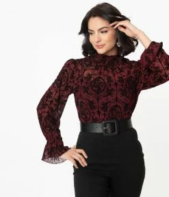 Unique Vintage Burgundy & Black La Catrina Velvet Burnout Donna Blouse