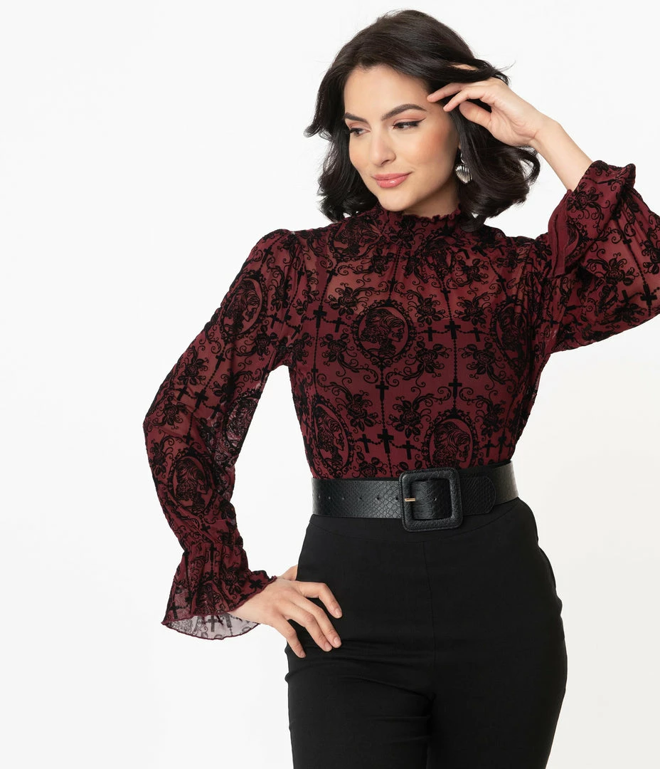 Unique Vintage Burgundy & Black La Catrina Velvet Burnout Donna Blouse