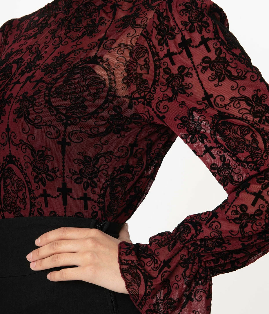 Unique Vintage Burgundy & Black La Catrina Velvet Burnout Donna Blouse