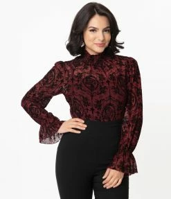 Unique Vintage Burgundy & Black La Catrina Velvet Burnout Donna Blouse