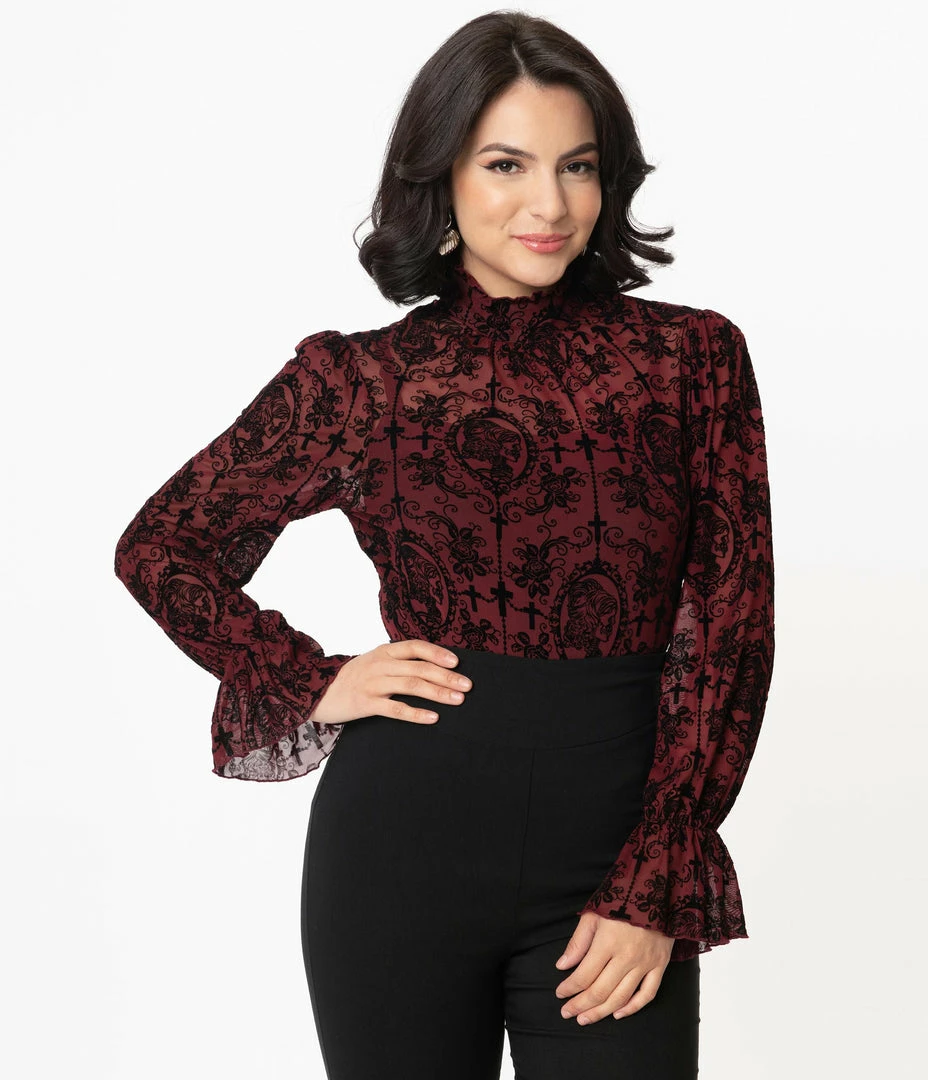 Unique Vintage Burgundy & Black La Catrina Velvet Burnout Donna Blouse
