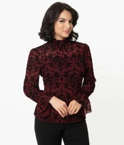 Unique Vintage Burgundy & Black La Catrina Velvet Burnout Donna Blouse