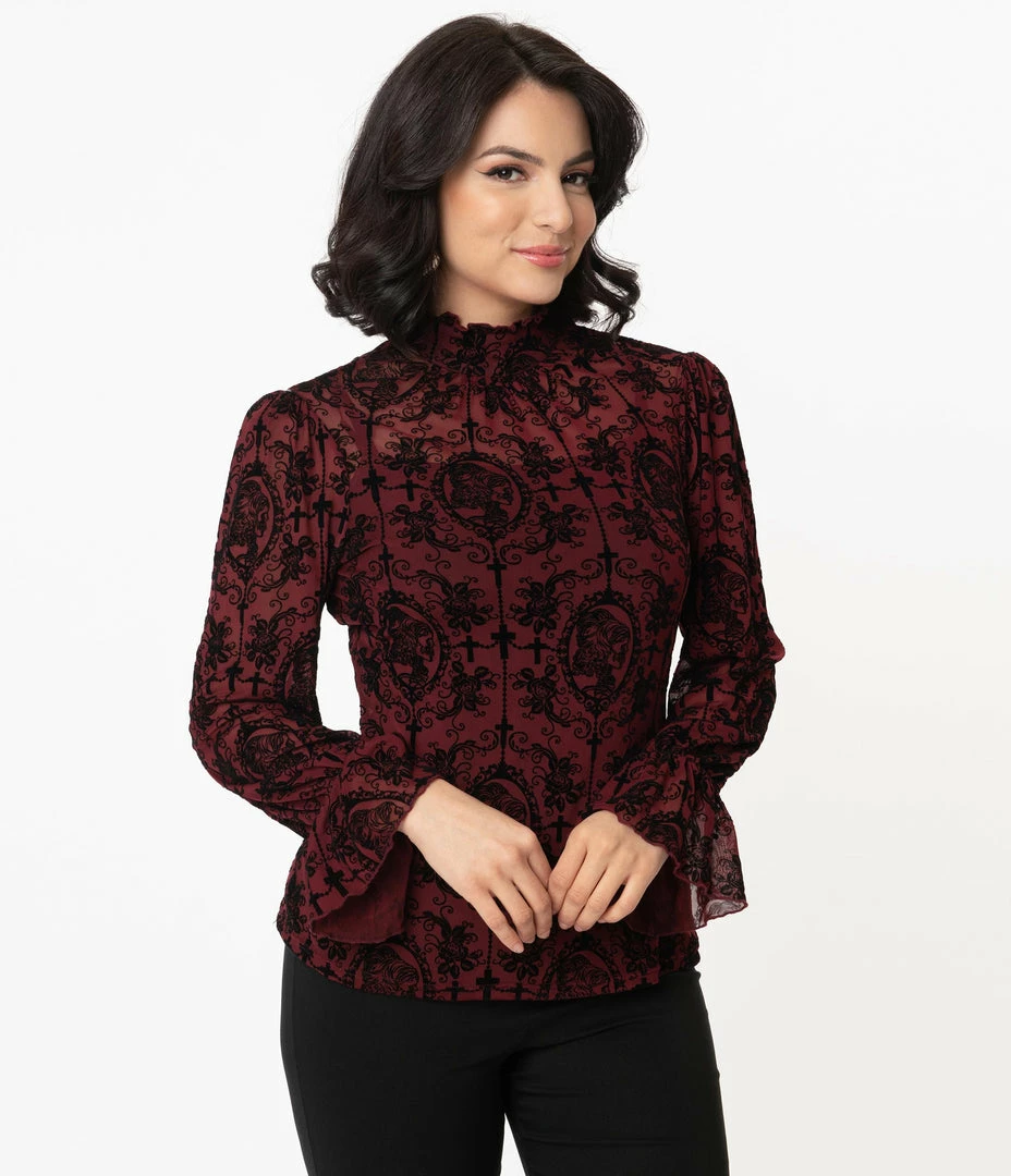 Unique Vintage Burgundy & Black La Catrina Velvet Burnout Donna Blouse
