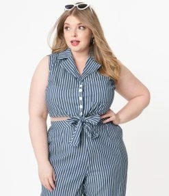 Sale Unique Vintage Plus Size Dark Blue & White Stripe Marsha Crop Top
