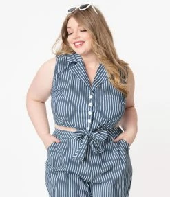 Sale Unique Vintage Plus Size Dark Blue & White Stripe Marsha Crop Top