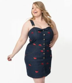 Sale Unique Vintage Dark Denim & Watermelon Fitted Pinafore