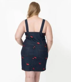 Sale Unique Vintage Dark Denim & Watermelon Fitted Pinafore