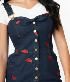 Sale Unique Vintage Dark Denim & Watermelon Fitted Pinafore