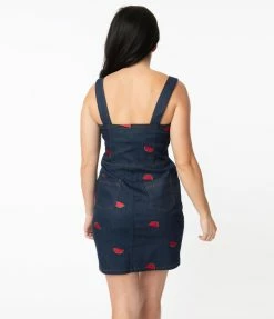 Sale Unique Vintage Dark Denim & Watermelon Fitted Pinafore