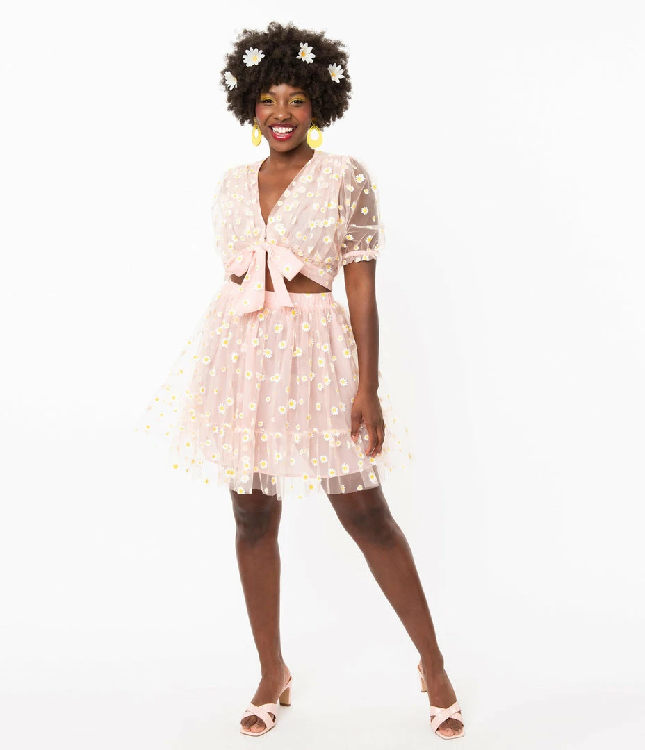 Smak Parlour Light Pink & Daisy Print Twirl Power Skirt Sale