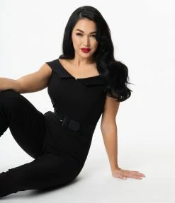 Unique Vintage Black Off Shoulder Gillian Jumpsuit Clothing