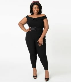 Clothing Unique Vintage Plus Size 1950s Black Off Shoulder Gillian Jumpsuit