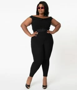 Clothing Unique Vintage Plus Size 1950s Black Off Shoulder Gillian Jumpsuit