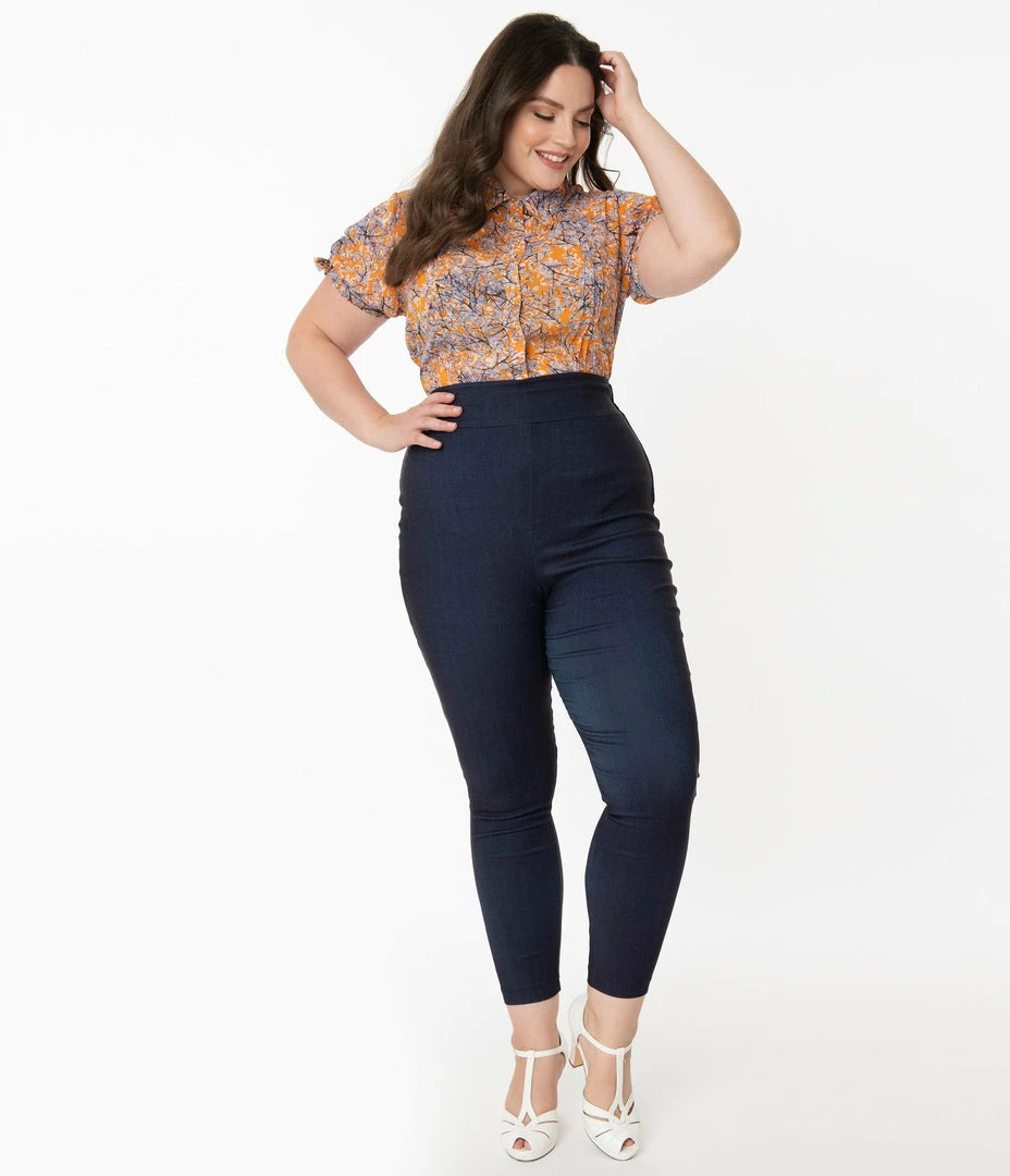 Unique Vintage Plus Size Indigo Denim High Waist Rizzo Pants