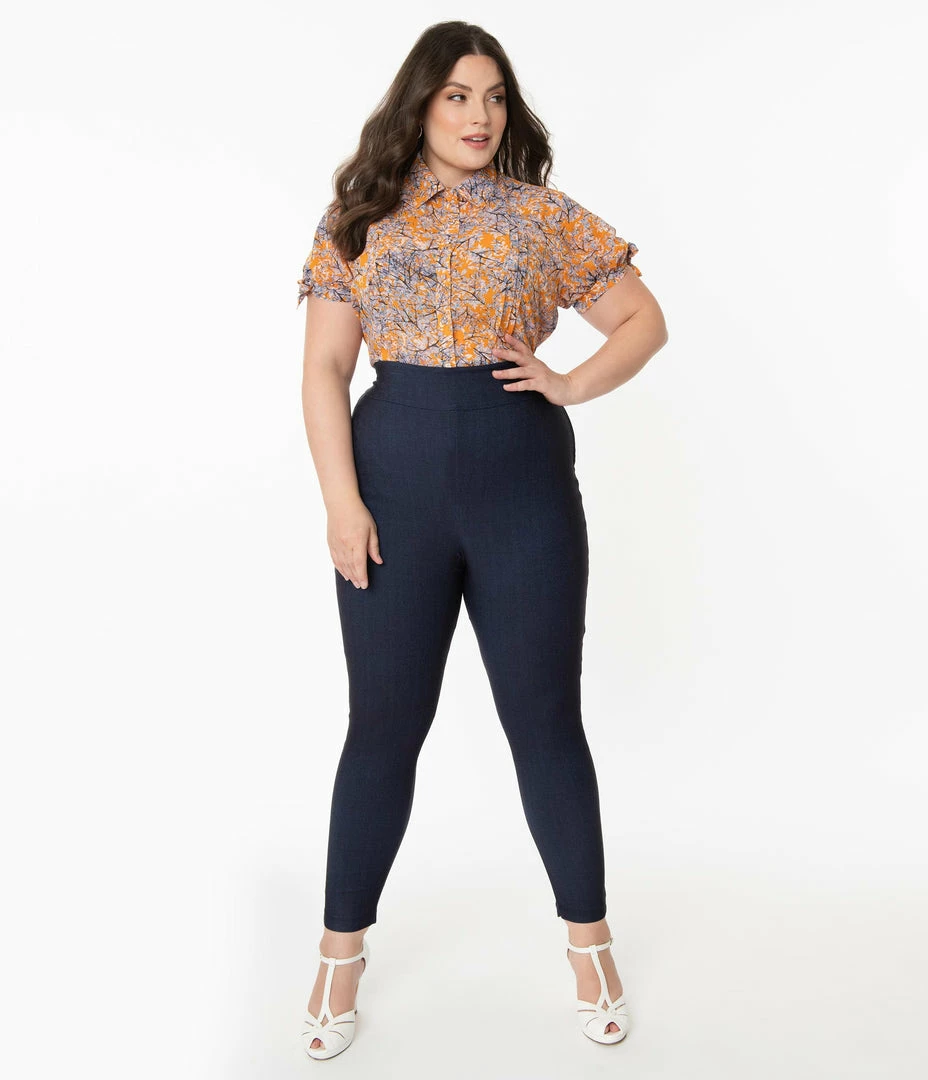 Unique Vintage Plus Size Indigo Denim High Waist Rizzo Pants