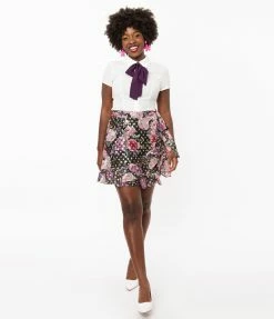 Smak Parlour Pink Floral & Gold Dot Wild Thing Wrap Flare Skirt