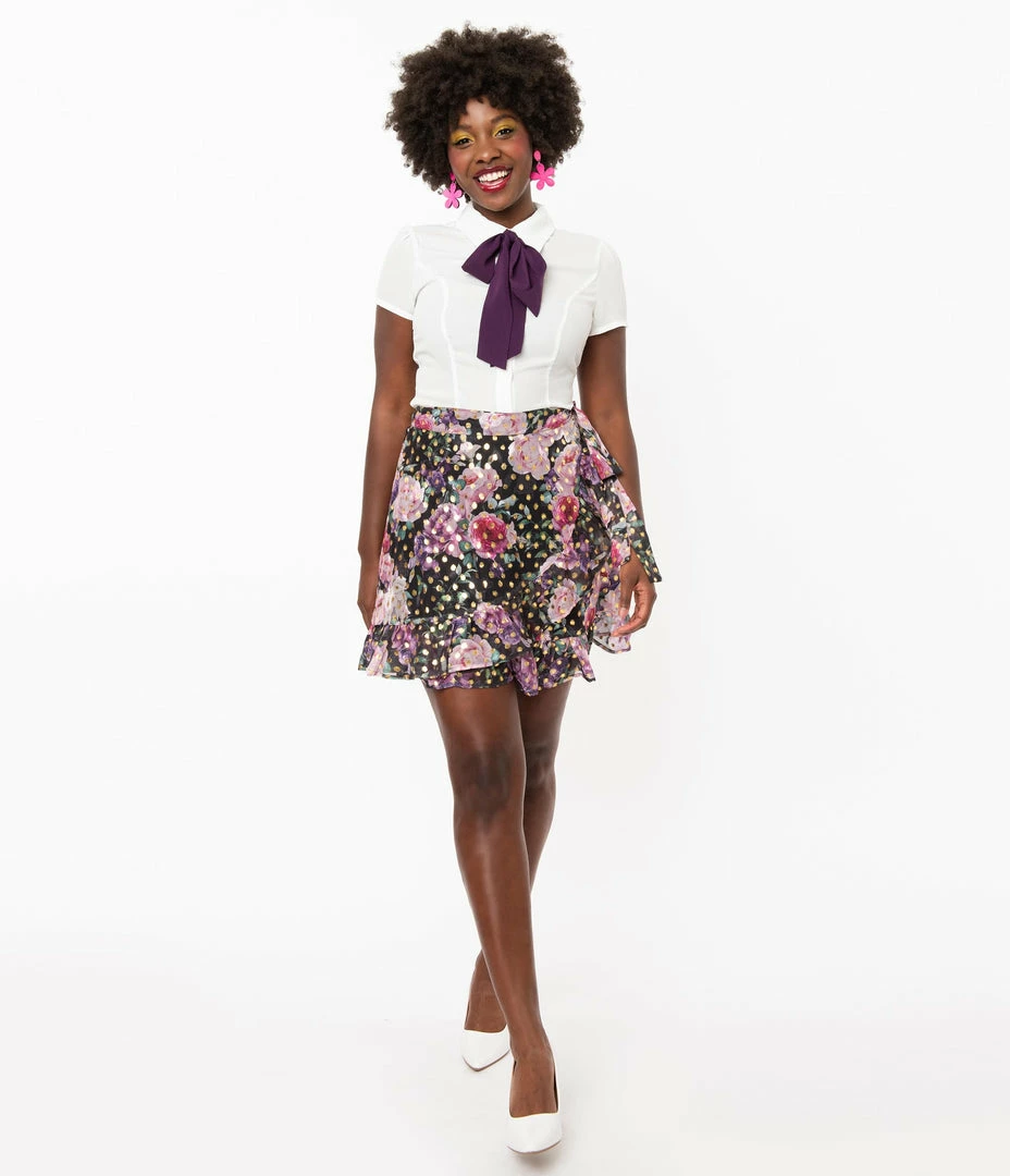 Smak Parlour Pink Floral & Gold Dot Wild Thing Wrap Flare Skirt