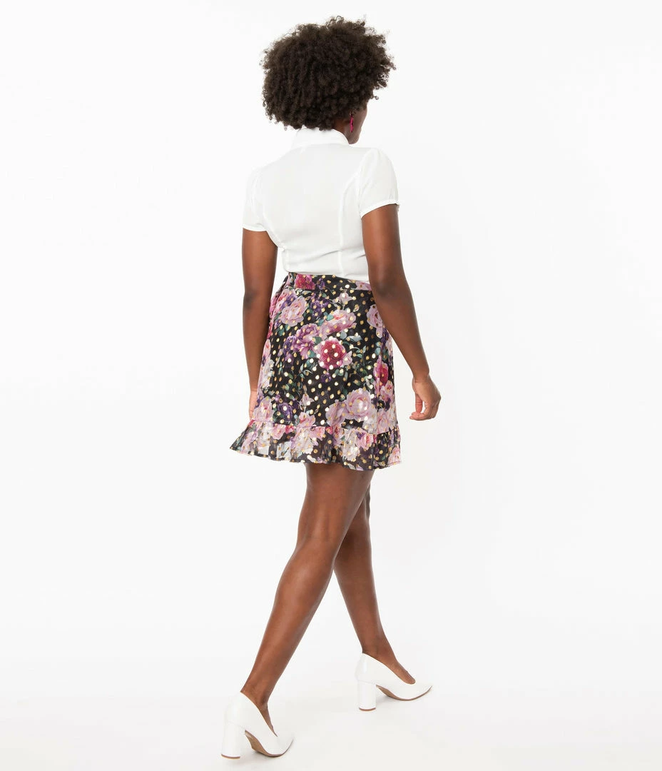 Smak Parlour Pink Floral & Gold Dot Wild Thing Wrap Flare Skirt
