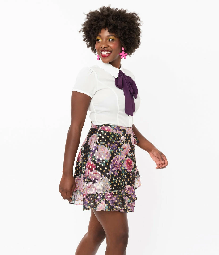 Smak Parlour Pink Floral & Gold Dot Wild Thing Wrap Flare Skirt