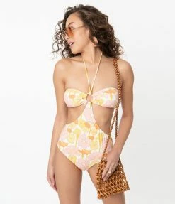 Swimwear Kingdom & State Retro Pink & Yellow Floral One Piece Swimsuit