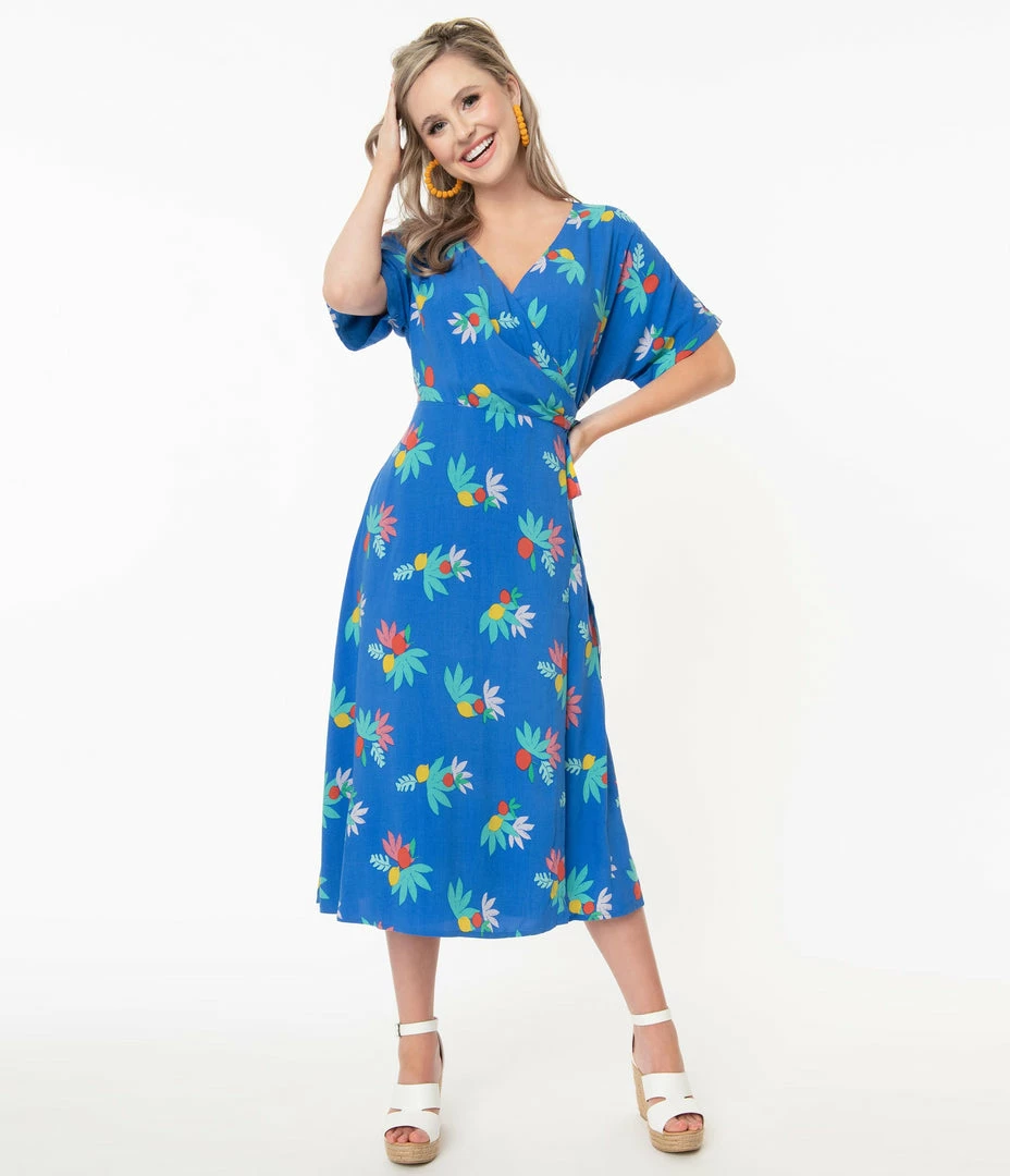 Emily And Fin Emily & Fin Blue Summer Fruits Print Jenna Wrap Dress