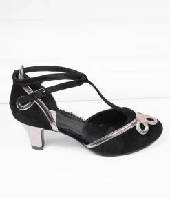 Ellie Shoes Bettie Page Black Suede & Metallic Silver Lois T-Strap Heels