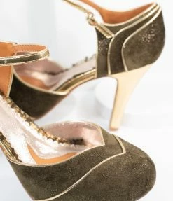 Ellie Shoes Bettie Page Olive Green Suede & Gold Ruby Heels