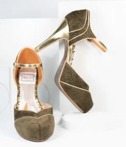 Ellie Shoes Bettie Page Olive Green Suede & Gold Ruby Heels