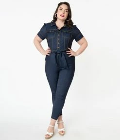 Unique Vintage Plus Size Dark Denim Blue Skinny Leg Bexley Jumpsuit Rompers & Jumpsuits