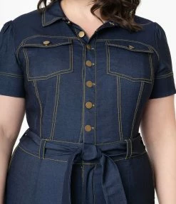 Unique Vintage Plus Size Dark Denim Blue Skinny Leg Bexley Jumpsuit Rompers & Jumpsuits