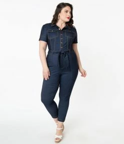 Unique Vintage Plus Size Dark Denim Blue Skinny Leg Bexley Jumpsuit Rompers & Jumpsuits