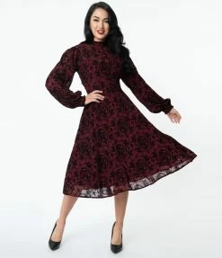 Unique Vintage 1950s Burgundy La Catrina Velvet Burnout Leota Swing Dress Clothing