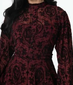 Unique Vintage 1950s Burgundy La Catrina Velvet Burnout Leota Swing Dress Clothing