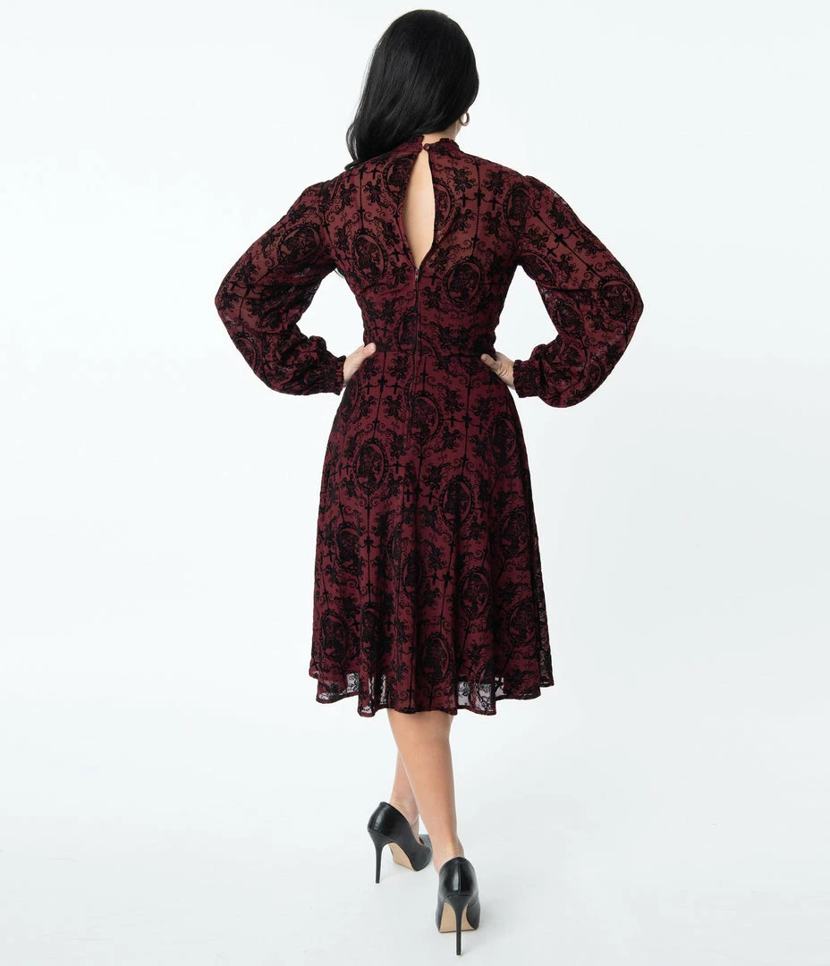 Unique Vintage 1950s Burgundy La Catrina Velvet Burnout Leota Swing Dress Clothing