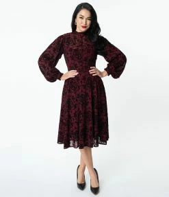 Unique Vintage 1950s Burgundy La Catrina Velvet Burnout Leota Swing Dress Clothing