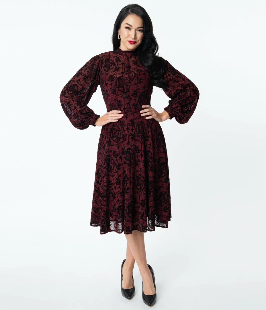 Unique Vintage 1950s Burgundy La Catrina Velvet Burnout Leota Swing Dress Clothing