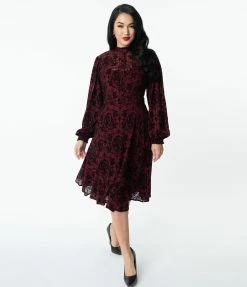 Unique Vintage 1950s Burgundy La Catrina Velvet Burnout Leota Swing Dress Clothing
