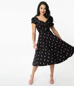 Sale Unique Vintage Black & Pink Flamingo Print Ohara Swing Dress