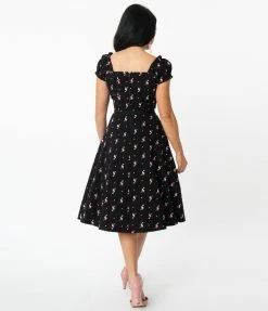 Sale Unique Vintage Black & Pink Flamingo Print Ohara Swing Dress